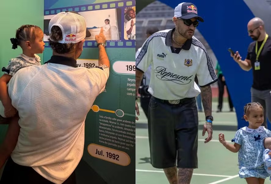 Neymar leva Mavie para conhecer exposição sobre a história do jogador