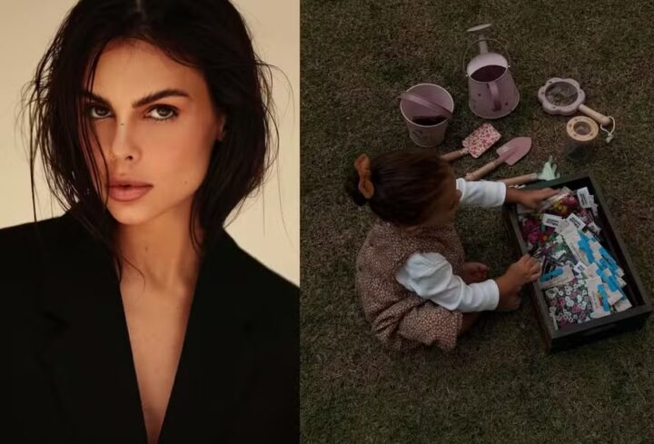 Helena, filha de Amanda Kimberlly com Neymar, encanta ao surgir brincando com objetos de jardinagem