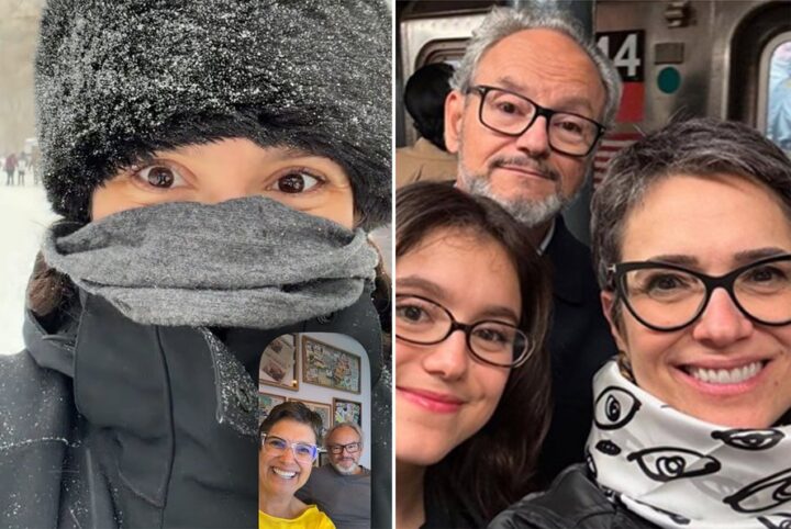 Sandra Annenberg e Ernesto Paglia fazem chamada divertida com a filha e brincam: ‘Leva um casaquinho’