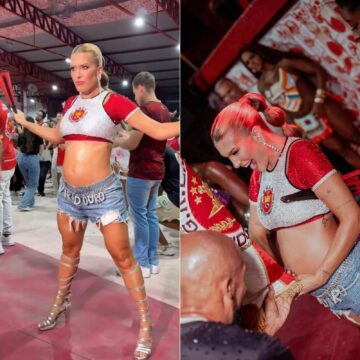 Grávida, Lore Improta samba em ensaio da Viradouro no Rio; veja vídeo