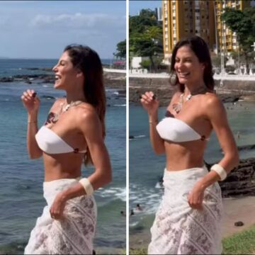 Mari Gonzalez surge radiante e exibe samba no pé em frente ao Farol da Barra