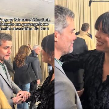 Wagner Moura e Mia Goth falam português durante desfile em Paris; assista