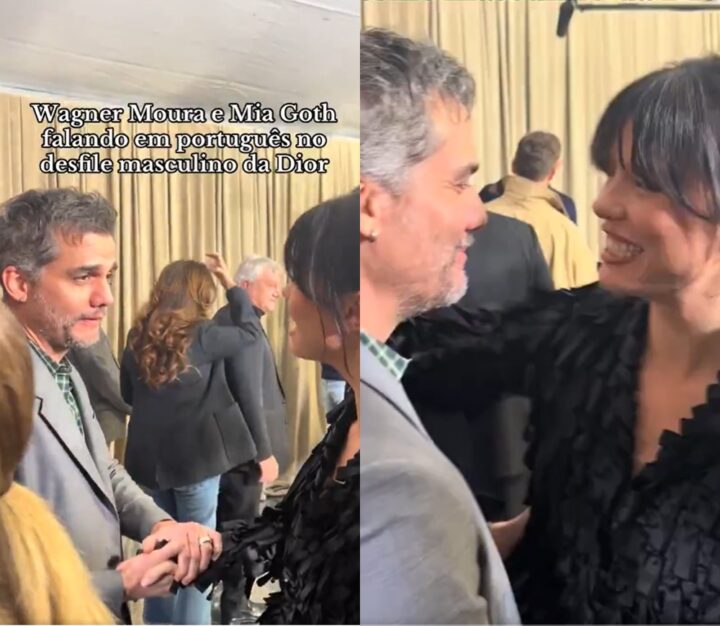 Wagner Moura e Mia Goth falam português durante desfile em Paris; assista