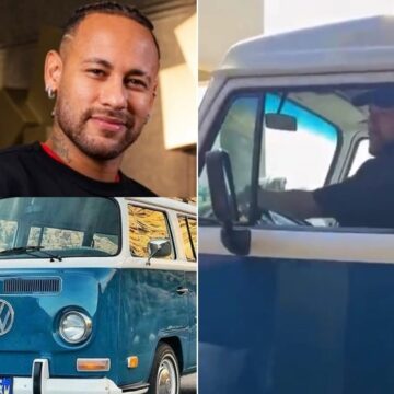 Neymar chega ao CT do Santos em kombi personalizada que ganhou do pai