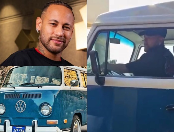 Neymar chega ao CT do Santos em kombi personalizada que ganhou do pai