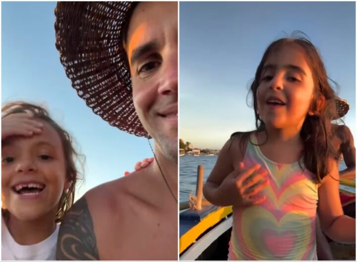 Durante férias relaxantes, Daniel Cady passeia de canoa com as filhas Marina e Helena