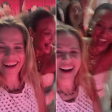 Ingrid Guimarães curte show da Timbalada com Sheron Menezzes e brinca: “A mais animada do rolê”