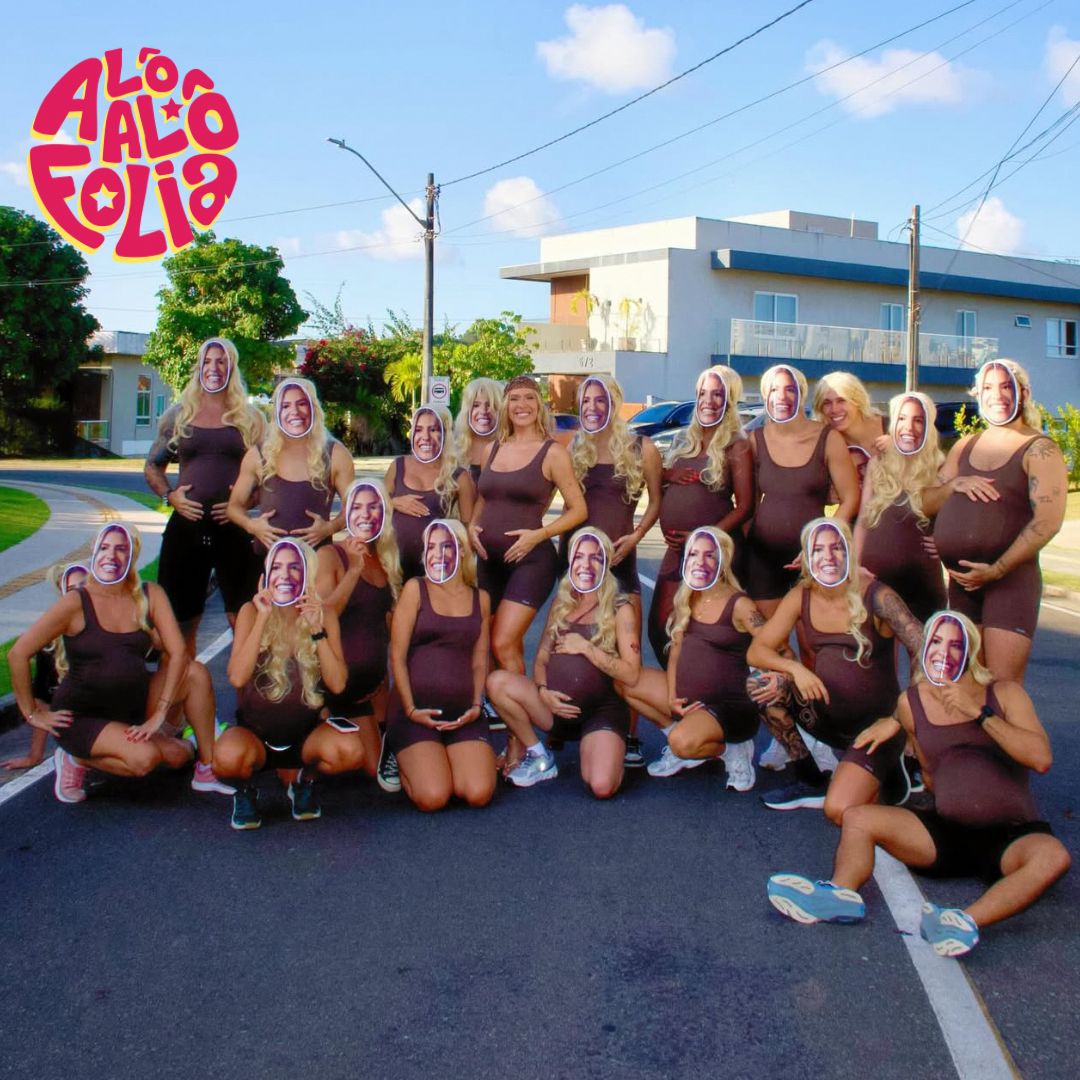 Grávida, Lore Improta é homenageada por amigos no Pipoco com máscaras personalizadas