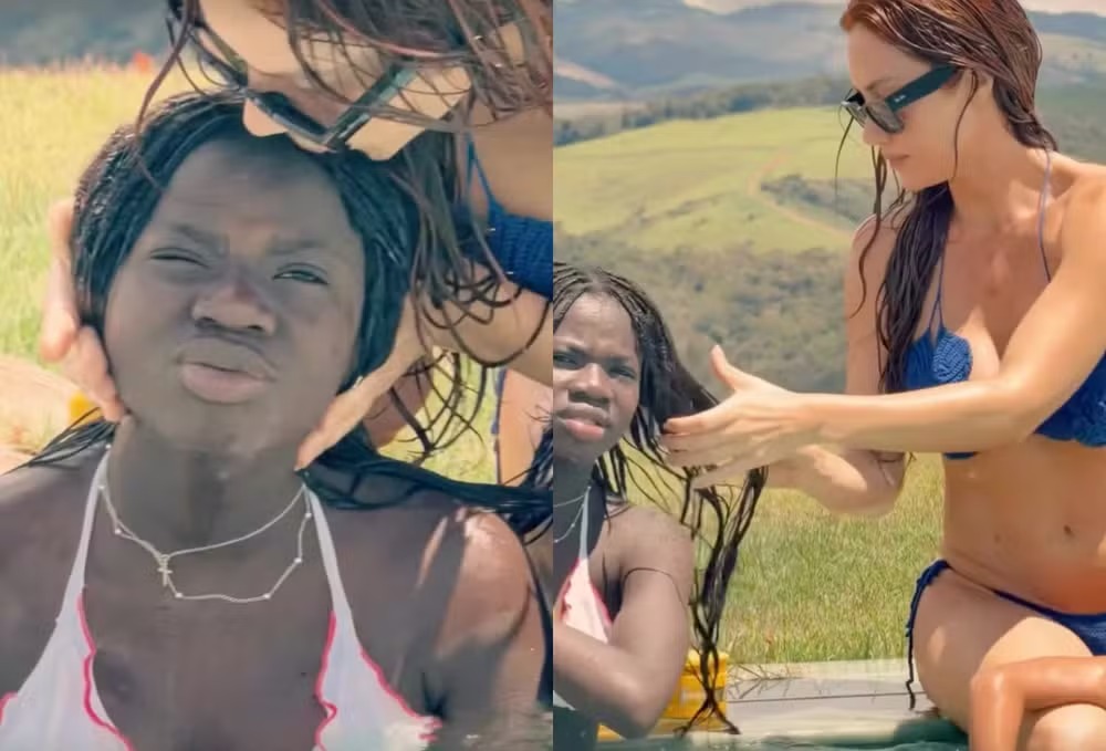 Giovanna Ewbank curte tarde na piscina ao lado dos filhos Bless, Zyan e Titi no Rancho da família