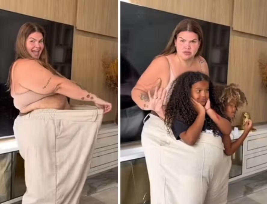 Thais Carla choca web ao provar roupas que usava antes de perder 85kg: ‘Tirei uma pessoa de mim’