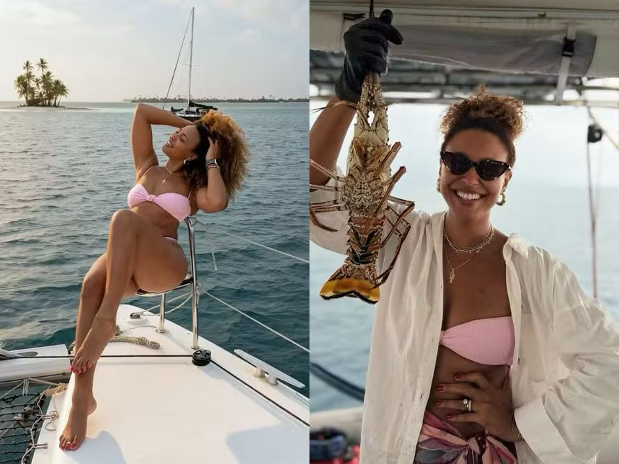Sheron Menezzes aposta em biquíni rosa e celebra dia de sol com lagosta em alto-mar: “Reclamar como?”