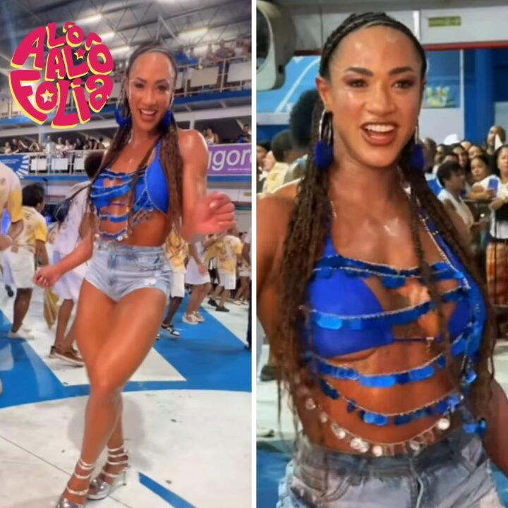 De shortinho, ex-BBB Aline Patriarca ostenta corpão em ensaio da Beija Flor; assista