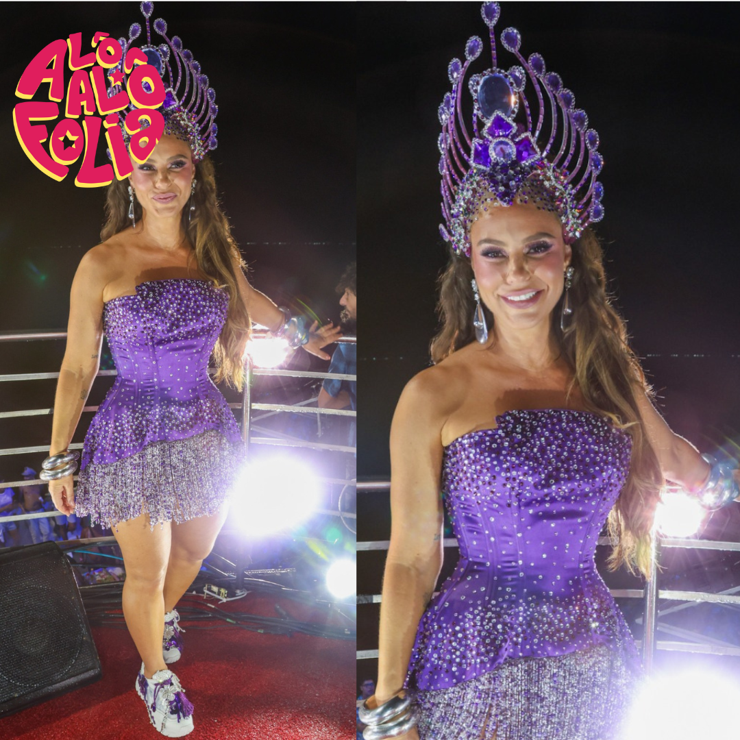 Paolla Oliveira aposta em look roxo com coroa imponente para o trio de Pedro Sampaio