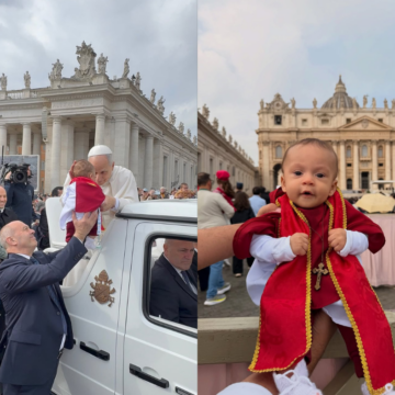 Bebê brasileiro vestido de papa recebe bênção do papa Leão XIV no Vaticano