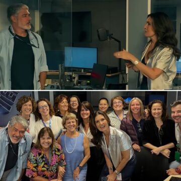 Fátima Bernardes e William Bonner se encontram nos bastidores da TV Globo
