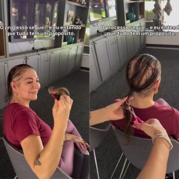 Mãe de Lucas Lucco corta o cabelo durante tratamento contra alopecia: “Dia de desapegar”