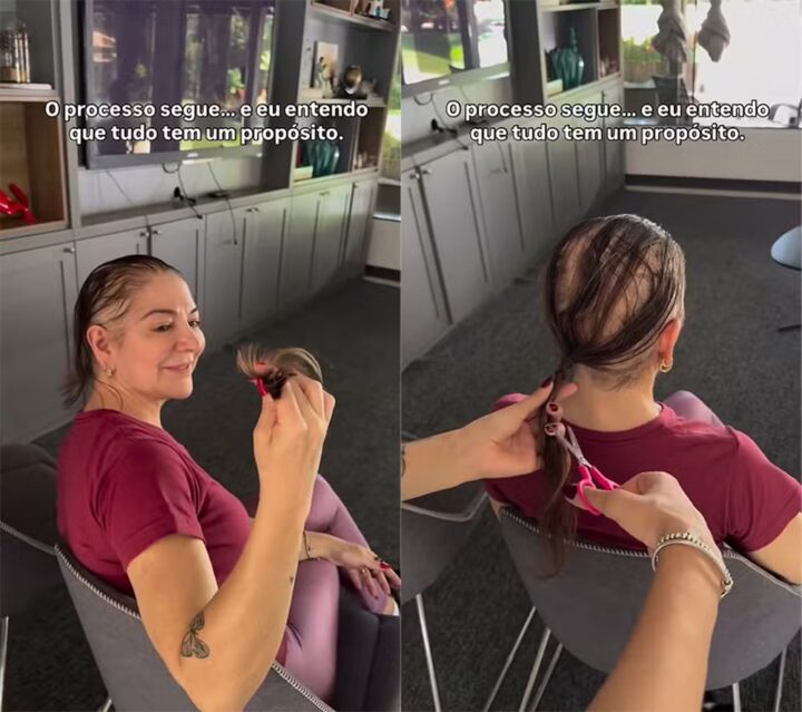 Mãe de Lucas Lucco corta o cabelo durante tratamento contra alopecia: “Dia de desapegar”