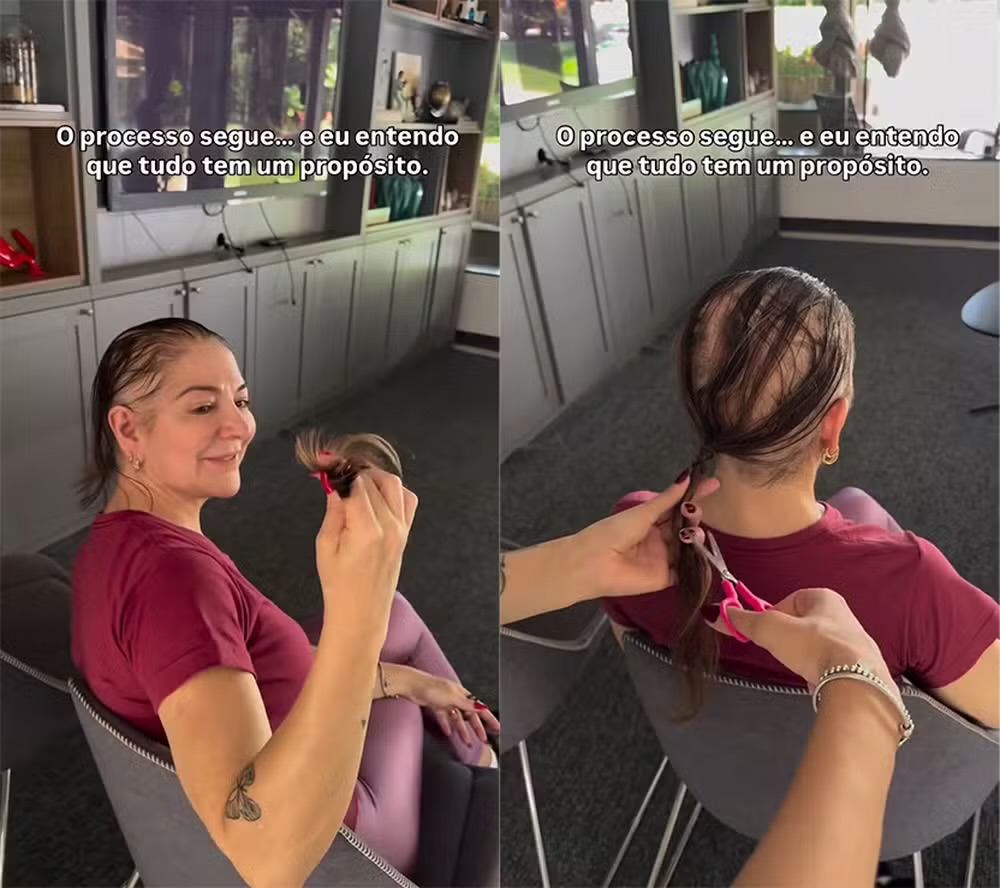 Mãe de Lucas Lucco corta o cabelo durante tratamento contra alopecia: “Dia de desapegar”