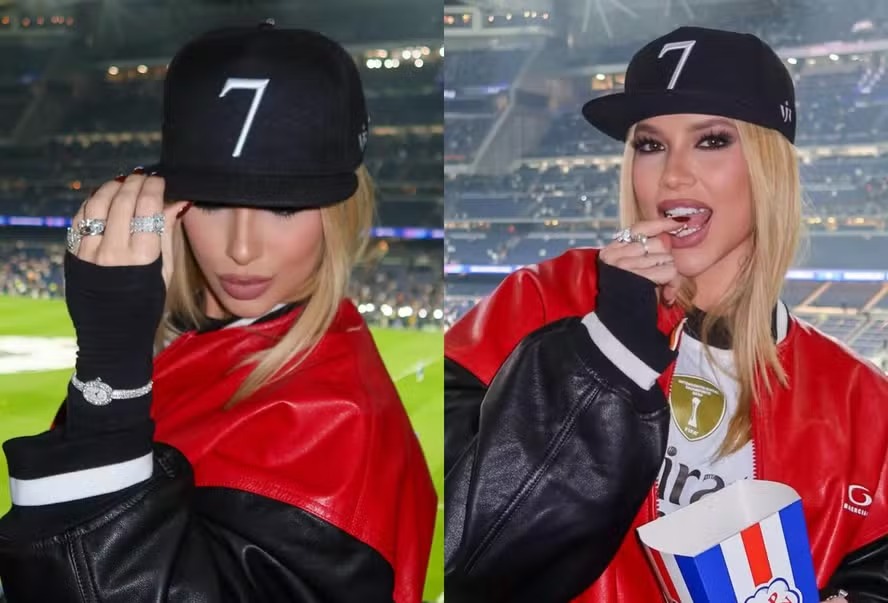 Virginia Fonseca posa em estádio do Real Madrid com relógio de R$ 440 mil para torcer por Vini Jr.