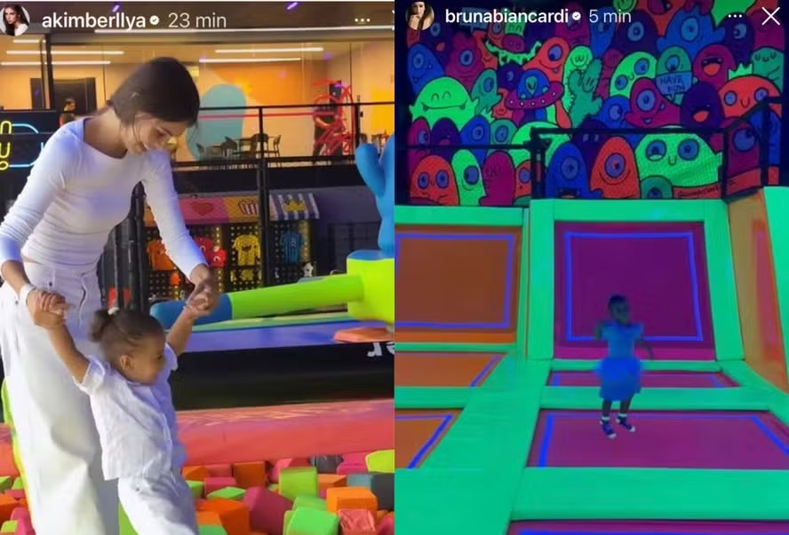 Bruna Biancardi e Amanda Kimberlly se encontram enquanto filhas de Neymar curtem parque