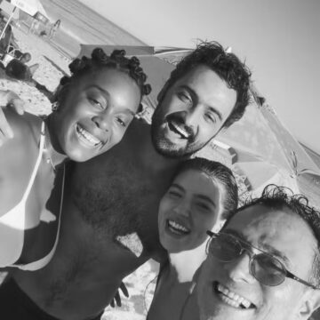 Após término polêmico de namoro, Alanis Guillen curte praia com parceiros de ‘Três Graças’