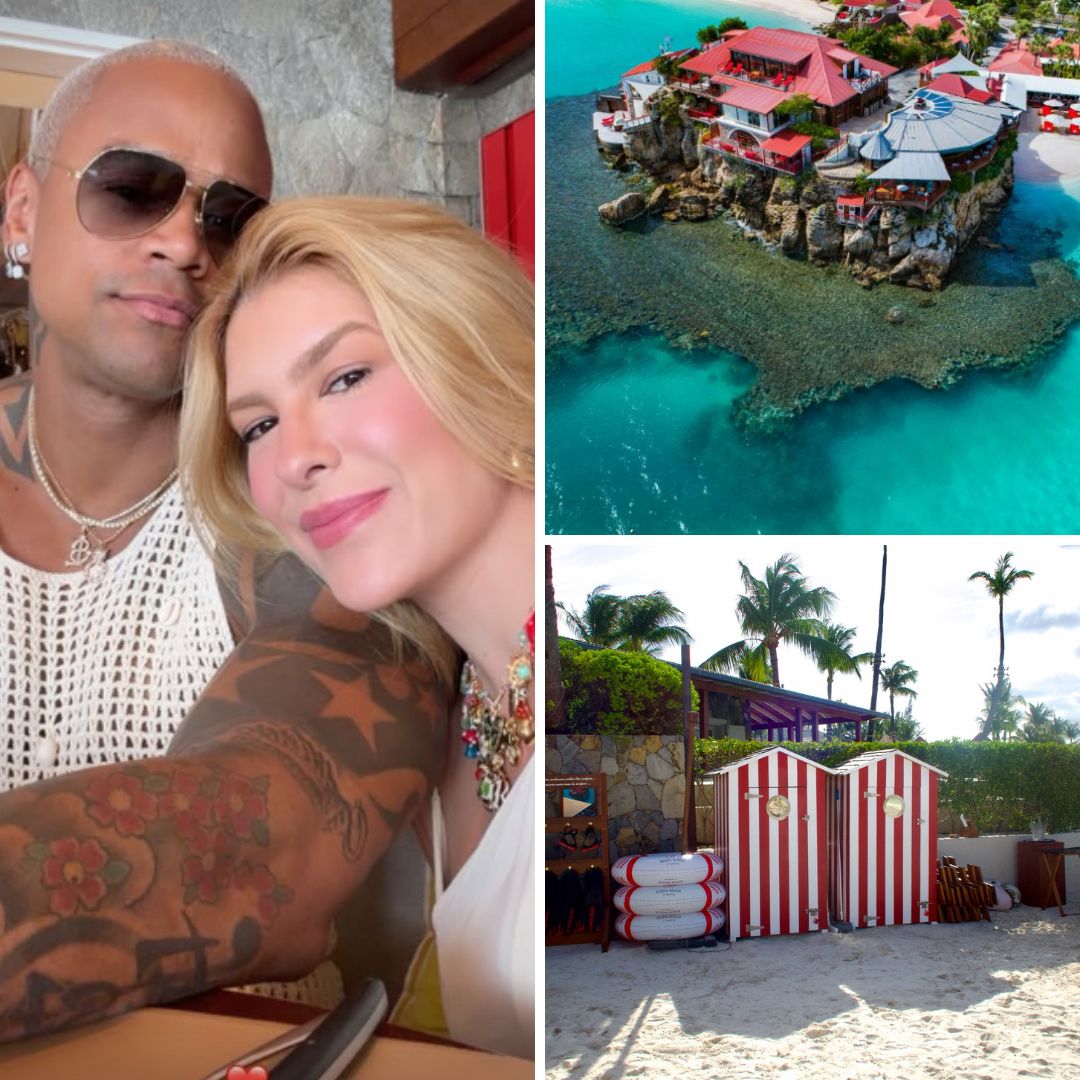De férias em Saint Barth após maratona de Carnaval, Lore Improta e Léo Santana passam dia no Eden Rock