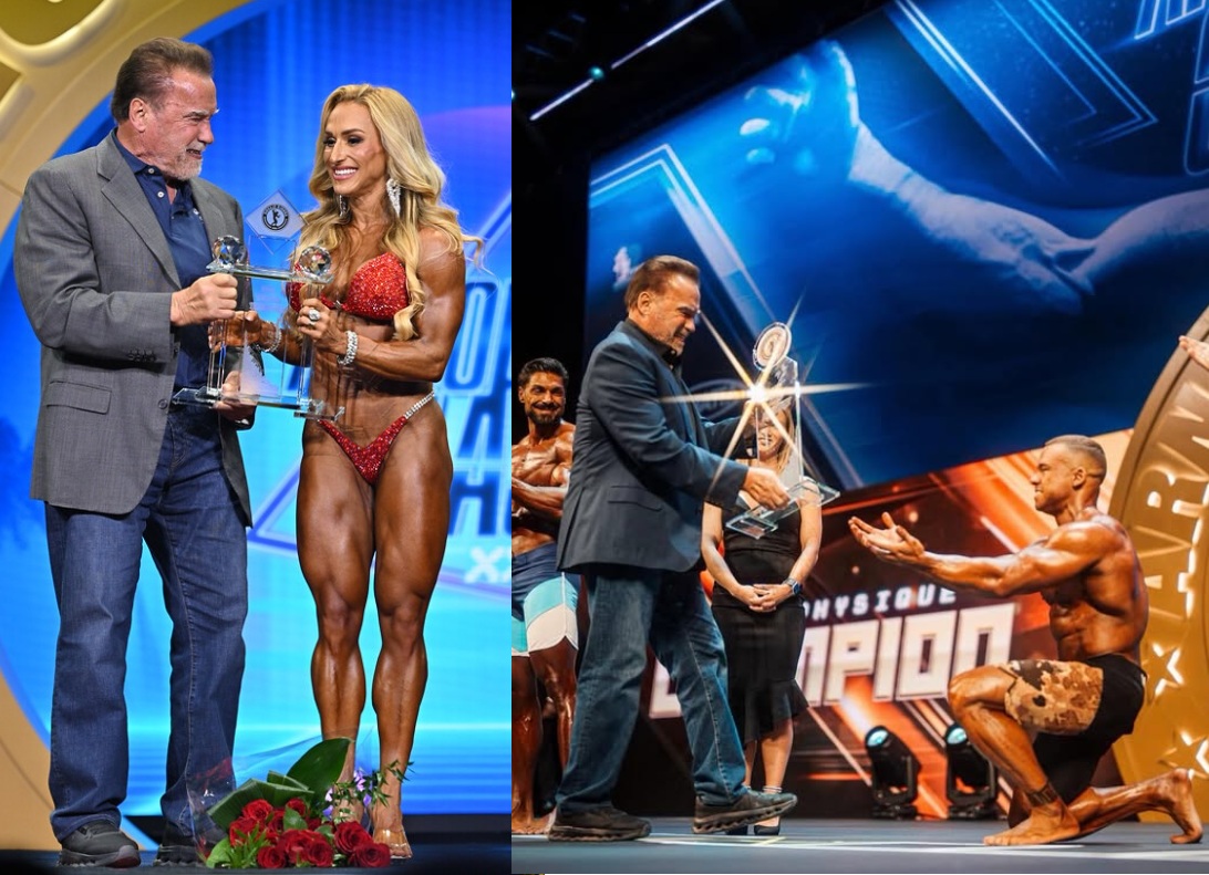 Brasileiros vencem Arnold UK e recebem troféus das mãos do próprio Schwarzenegger