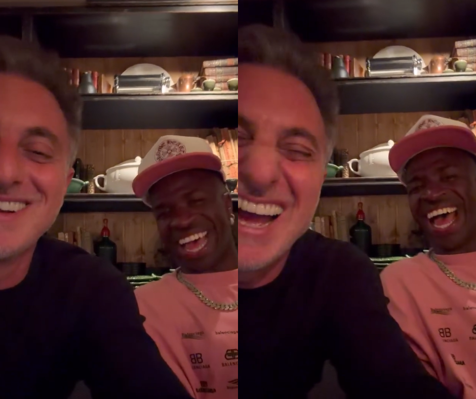 Em Madri, Luciano Huck encontra Vini Jr. e brinca sobre ‘bronca’ de Virginia