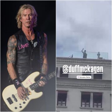 Baixista do Guns N’ Roses aparece no rooftop do Fasano e acena para fãs em Salvador