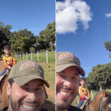 Filho de Murilo Huff e Marília Mendonça encanta ao passear de cavalo com o pai