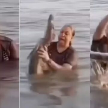 Banhista segura ‘pedaço de tronco’ em lagoa, mas depois descobre que era um jacaré; vídeo