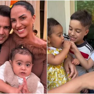 Graciele Lacerda mostra filha Clara com netos de Zezé Di Camargo: ‘Sobrinhos cuidando a tia’
