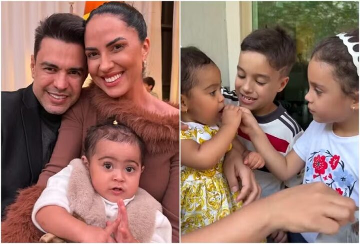 Graciele Lacerda mostra filha Clara com netos de Zezé Di Camargo: ‘Sobrinhos cuidando a tia’