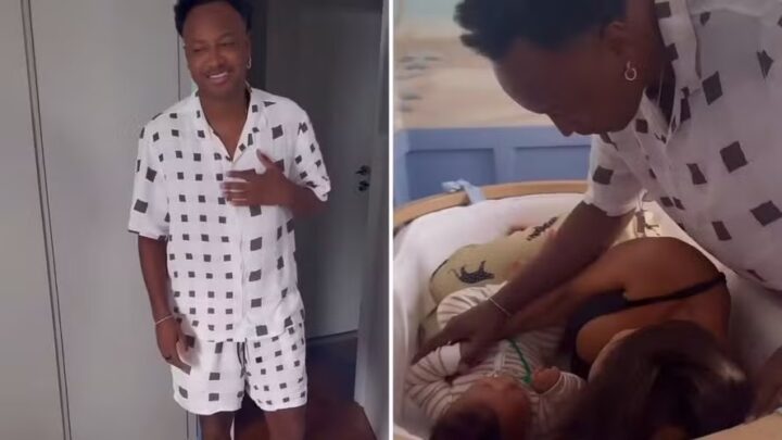Carol Peixinho surpreende Thiaguinho após entrar no berço do filho: ‘Vantagem de ter 1,57m’