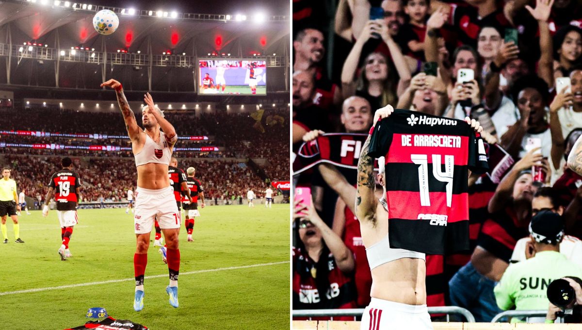 Arrascaeta comemora gol com tributo a Oscar em vitória do Flamengo sobre o Bahia