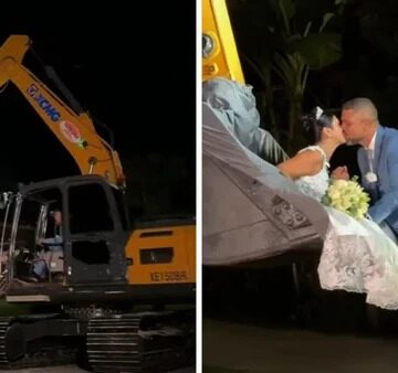 Noiva chega ao casamento em concha de escavadeira pilotada pelo noivo em SC