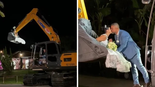 Noiva chega ao casamento em concha de escavadeira pilotada pelo noivo em SC; veja vídeo