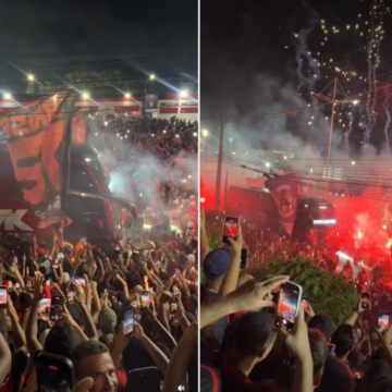 Torcida do Vitória faz festa na chegada do ônibus para duelo decisivo contra o Flamengo