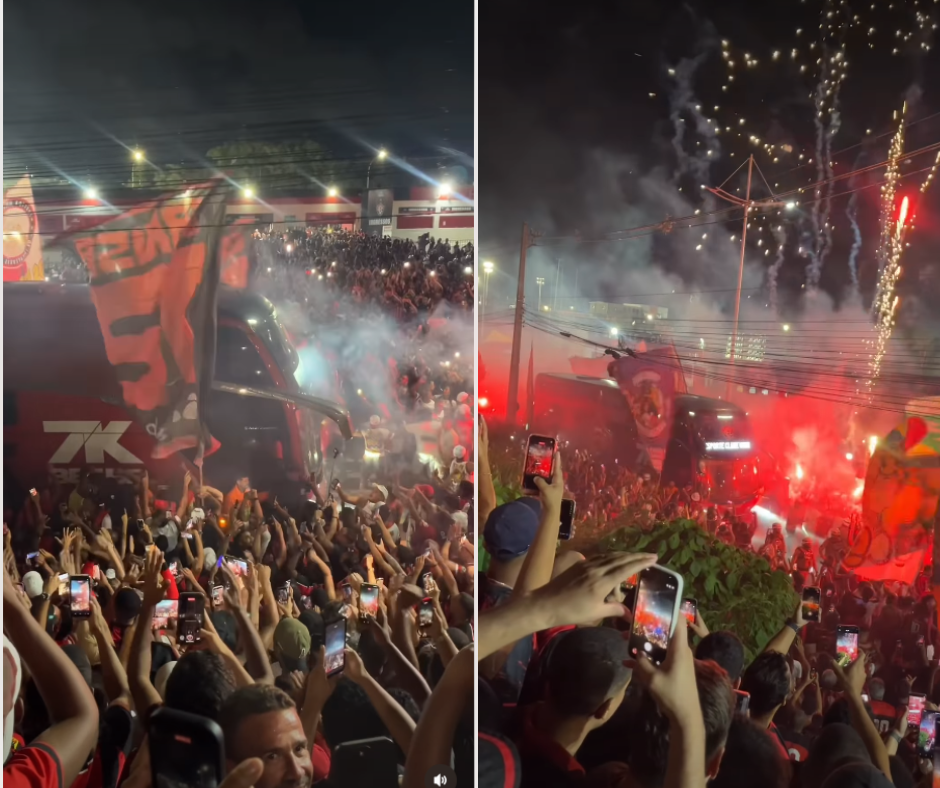Torcida do Vitória faz festa na chegada do ônibus para duelo decisivo contra o Flamengo