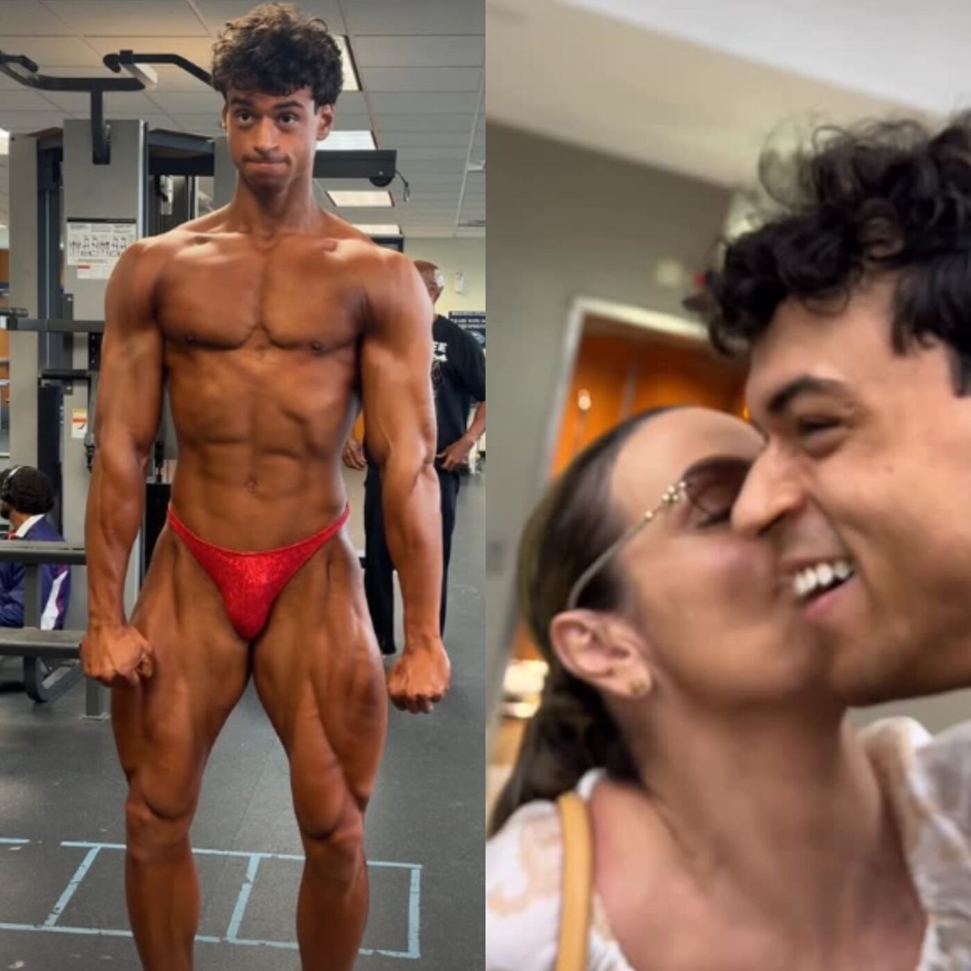 Victor Alexandre recebe carinho de Carla Perez antes de campeonato de fisioculturismo