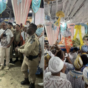 Policial protagoniza momento emocionante no Bembé do Mercado em Santo Amaro; vídeo