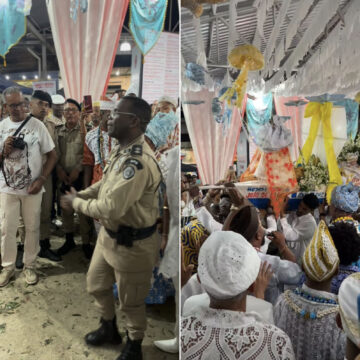 Policial protagoniza momento emocionante no Bembé do Mercado em Santo Amaro; vídeo