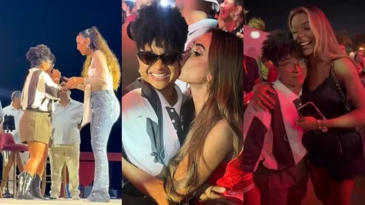 Ex-BBB Tia Milena sobe no palco e é tietada por famosas em show de Ivete