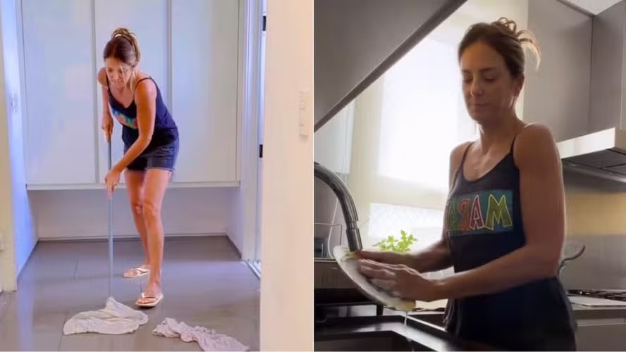 Ticiane Pinheiro vive dia de dona de casa e faz faxina: ‘Lavar louça é terapia’