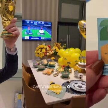 Roberto Justus ganha festa temática da Copa do Mundo com figurinha personalizada, taça e até funk