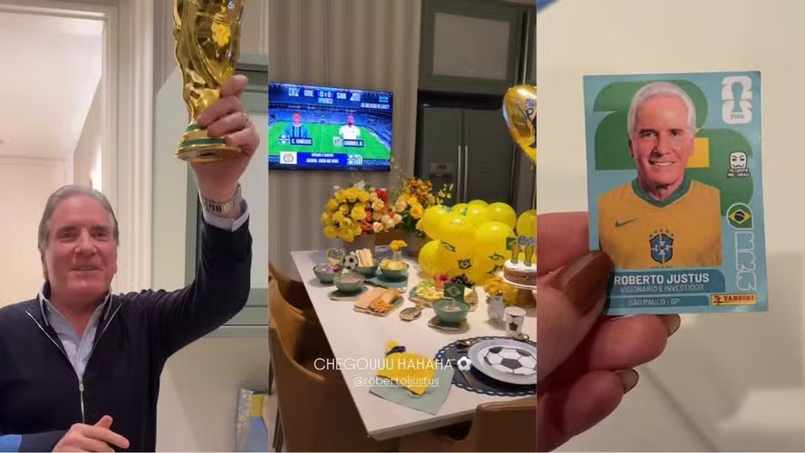 Roberto Justus ganha festa temática da Copa do Mundo com figurinha personalizada, taça e até funk