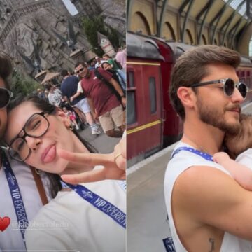 Camila Queiroz e Klebber Toledo aproveitam férias com a filha Clara em Orlando; veja