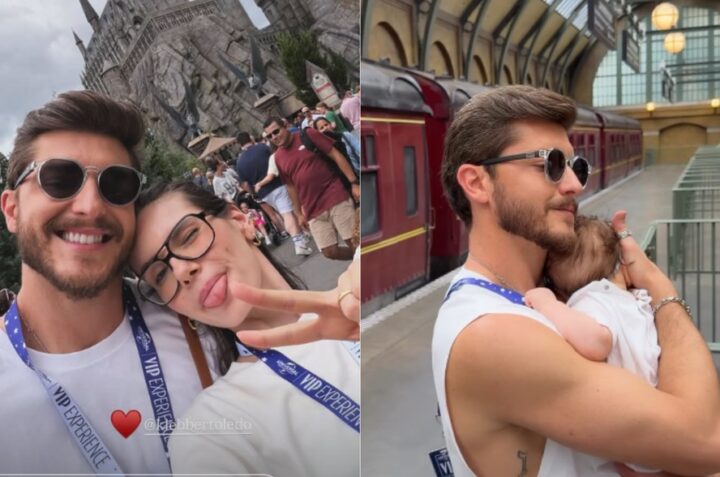 Camila Queiroz e Klebber Toledo aproveitam férias com a filha Clara em Orlando; veja
