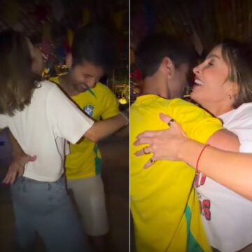 Em clima de Copa e São João, Claudia Leitte dança agarradinha com marido antes de jogo do Brasil