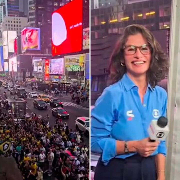 Brasileiros cantam parabéns para Renata Vasconcellos nas ruas de Nova York